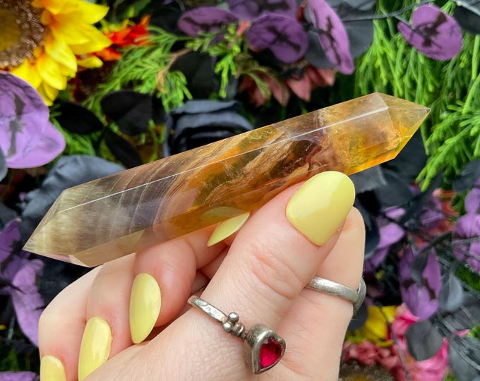Rainbow Fluorite Double Terminated Wand ~ Large 2.2 oz. ~ 4" Long ~ Yellow, Gold, Purple ~ Fast & Free Shipping, USA + Global Shipping