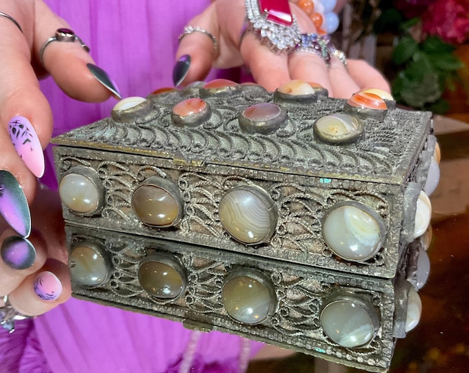 Vintage Agate Inlaid Moroccan Jewelry Box ~ 6" Long ~ Moorish Dome Top w/ Semi Precious Stones with Silver Filigree Handmade in Morocco