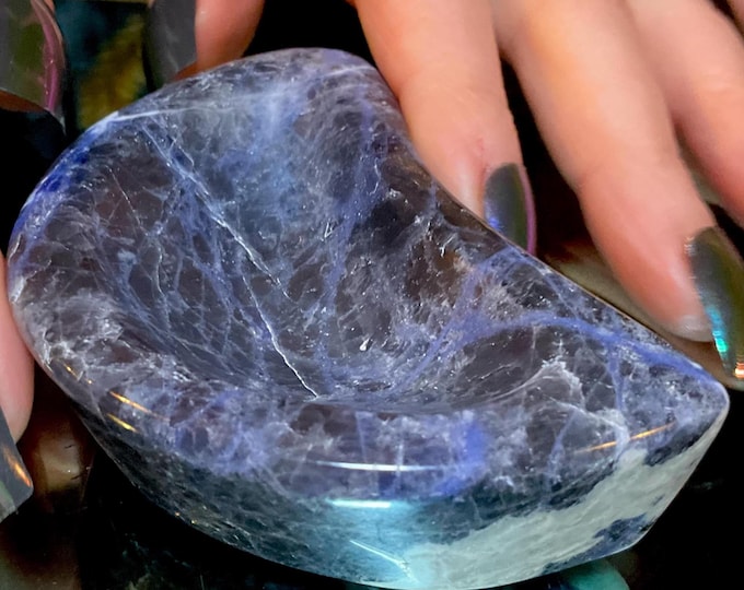 Blue Sodalite Cresent Moon 4 oz. Crystal Bowl ~ 3" Long ~ Blue, White & Black Polished Mineral Specimen ~ Fast Free Shipping