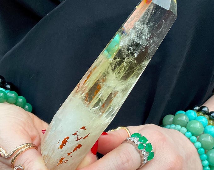 Citrine Quartz Crystal Wand ~ Large 6.8 oz. ~ 6" Long ~ High Altitude Himalayan Point ~ Clear & Yellow Phantoms Sparkling Rainbow Inclusions