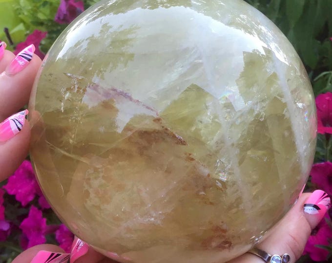Citrine Crystal Ball ~ Large 3 Lb. 11 oz. ~ 4" Wide ~ Polished Golden Yellow Quartz Sphere w/ White Bands ~ Natural, Untreated Citrine