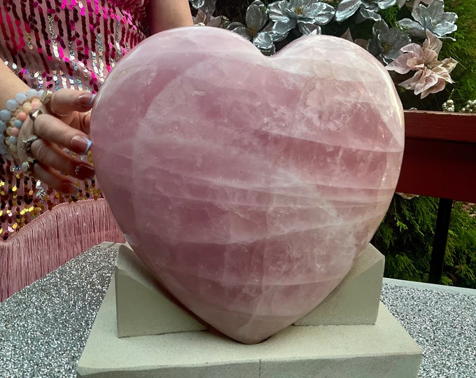 Rose Quartz Crystal Heart ~ Large 21 lb. 13 oz. ~ 9" Wide Free Standing Custom Display Stand ~ Angelic Baby Pink ~ Free Shipping