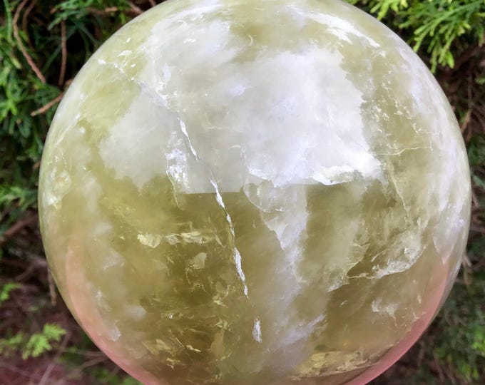CLEARANCE! ~ Citrine Quartz Yellow Banded Crystal Ball ~ Large 5 lb. ~ 4" Wide Sphere ~ White Swirling Ghost Cloud Inclusions ~