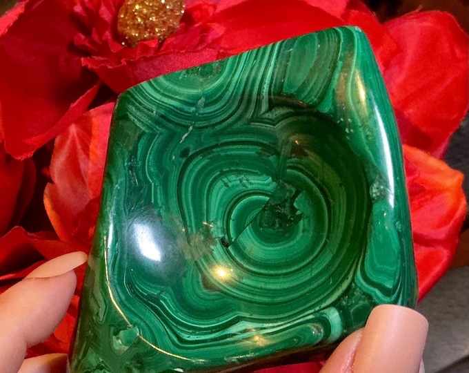 Malachite Crystal Bowl ~ 12 oz. ~ 4" Long ~ Vintage Green Mineral Specimen ~ Swirling Bulls Eye Patterns ~ Fast & Free Shipping ~