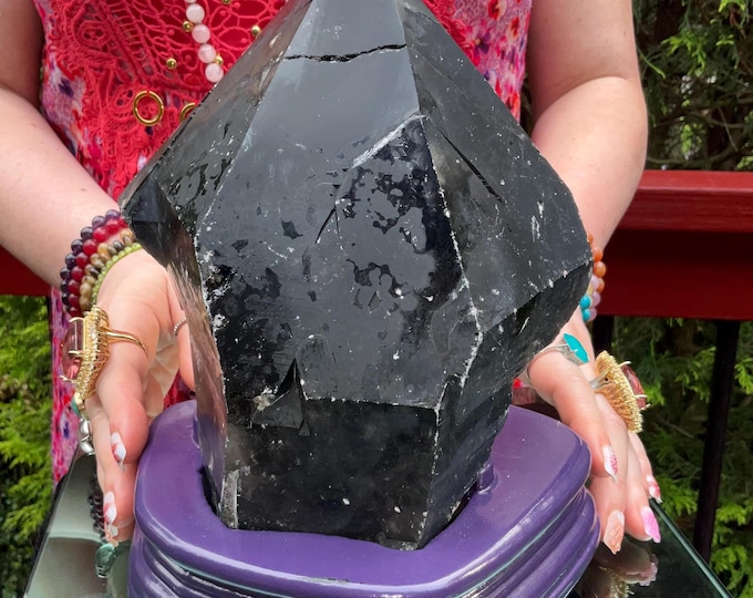 Black Morion Quartz Display Crystal 7 Lb. 4 oz.  Single-Terminated Point Cluster ~ 8" Tall ~Natural Black Color ~ Custom Hand Carved Stand