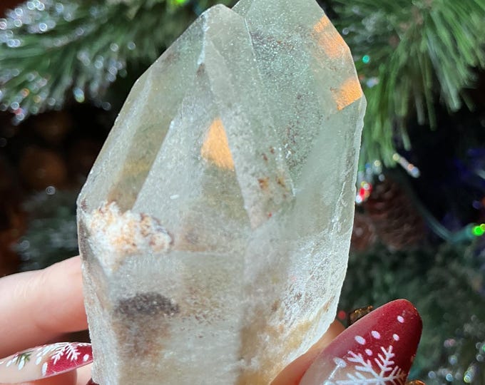 CLEARANCE ~ Clear Quartz Crystal Cluster ~ Natural Gem Cut Points ~ 2" Long ~ Big 3.5 oz. ~ Green Chlorite Inclusions, Silver phantoms