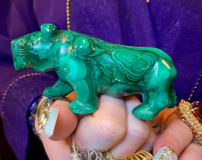 African Green Malachite Big 6 oz. Tiger ~ Hand Carved Polished ~ 4" Long ~ Vintage ~ Stunning Museum Display Specimen ~ Gorgeous Mineral