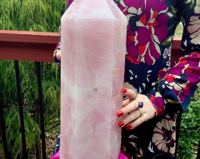 Rose Quartz Crystal Generator ~ Large 32 Lb. ~ 8" Tall ~ Swirling Pink & White Colors ~ Reiki, Feng Shui, Altar, Tower, Pillar Display