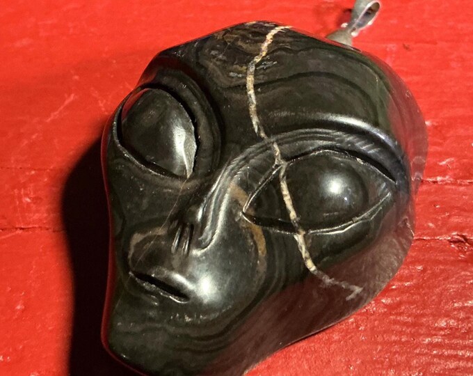 CLEARANCE! ~ Petrified Wood Gemstone Alien Skull Pendant 2.2 oz. Crystal ~ 2" Long ~ Swirling Black Colors ~ Hand Carved Sculpture
