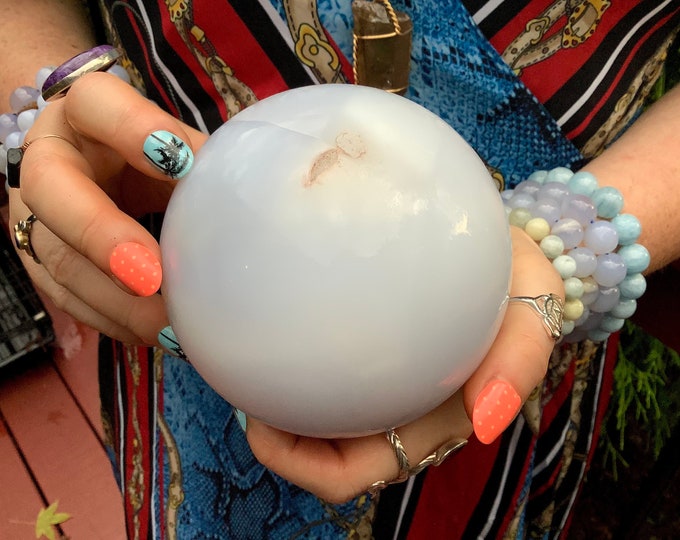 Chalcedony Crystal Ball ~ Large 3 Lb. Polished Sphere ~ 4" Wide ~ Flashing Angelic Blue & White Colors ~ Beautiful Altar Display, Home Decor