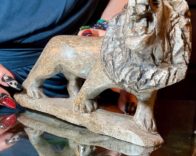 Serpentine African Lion ~ 2 Lb. 8 oz. ~ 7" Long ~ Vintage Hand Carved Zimbabwean Sculpture ~ Swirling Natural Earth Colors ~ Shona Stone