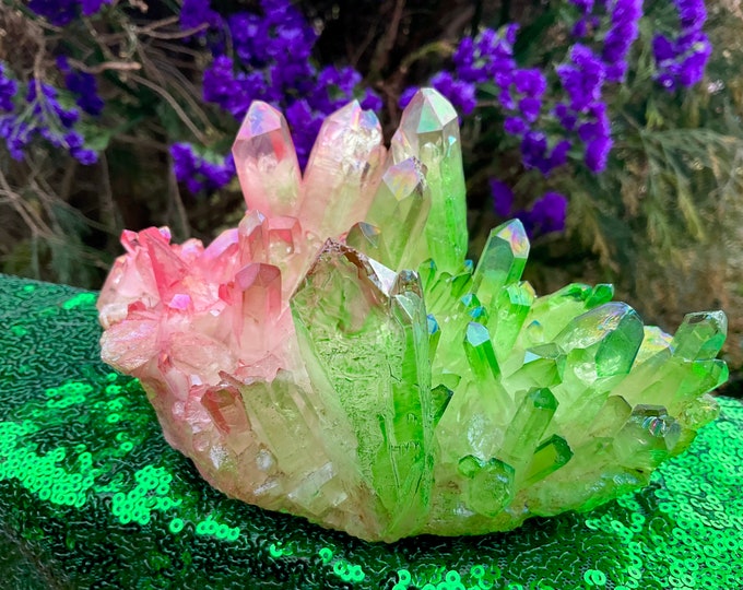 Pink & Green Aura Quartz Crystal Cluster ~ 1 Lb. 14 oz. ~ 6 1/2" Long ~ Sparkling Electric Rainbow Iridescent Points ~ Fast Free Shipping