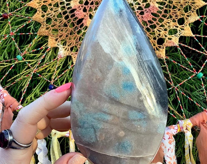 Trolleite Crystal Flame ~ 6" Tall ~ 1 Lb. 9 oz. ~ Scorzalite, Lazulite, Quartz ~ Swirling Blue, Black & Sand Colors ~ Free Shipping from USA