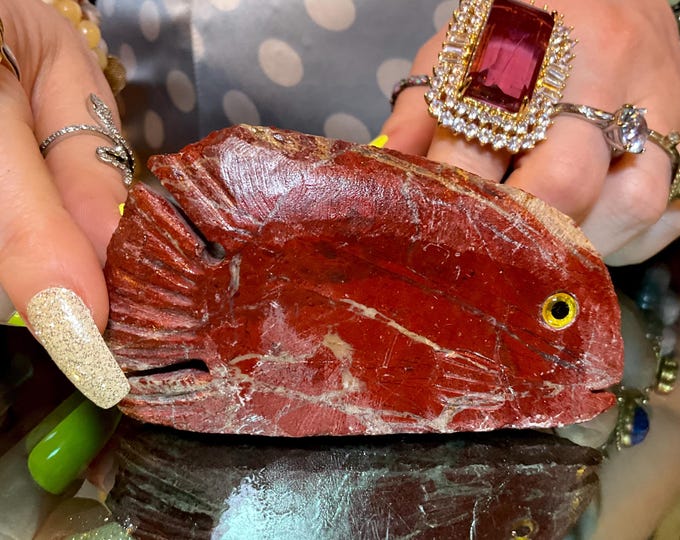 Vintage Red Jasper 5 oz. Tropical Fish ~ 4" Long ~ Colorful Swirling Rainbow Green, Purple & White Colors ~ Hand Carved Animal Totem