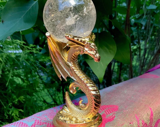 Brazilian Ultra Clear Quartz Crystal Ball ~ 5 oz. ~ 2 " Wide ~ w/ Golden Dragon Display Stand ~ Fast & Free Shipping from USA ~ Tariff Free