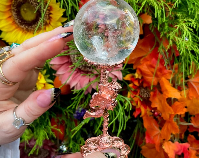 Clear Quartz Crystal Ball ~ 5 oz. ~ 2" Wide Polished Sphere ~ with Rose Gold Metal Cherub Display Stand ~ Fast & Free Shipping from U.S.A. ~