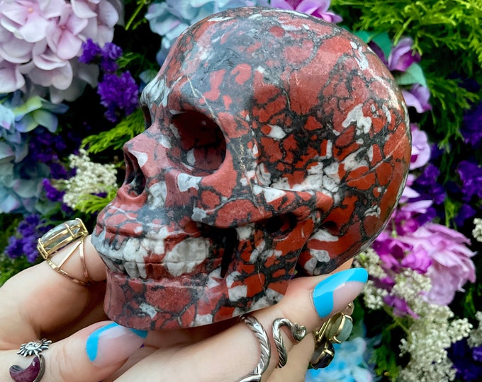 Red Jasper Crystal Skull ~ Large 2 Lb. 15 oz.  ~ 5" Long ~ Swirling Colorful Red, Black & White Colors ~ Hand Carved ~ Free Shipping