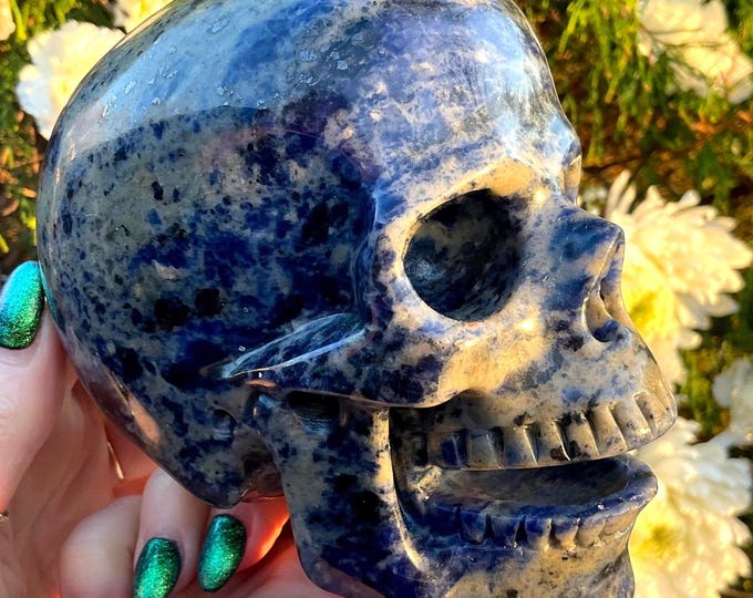 Sodalite Laughing Crystal Skull ~ Large 3 Lb. 3 oz.~ 5" Long ~ Hand Crafted Sparkling Blue & White Sculpture ~ Reiki Display