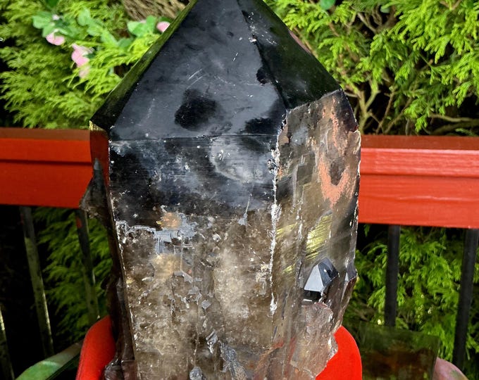 Black Morion Quartz Display Crystal 16 Lb. 4 oz.  Single-Terminated Point Cluster ~ 9" Tall ~Natural Black Color ~ Custom Hand Carved Stand