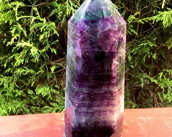 Purple Fluorite Crystal Generator ~ Large 2 lb. Tower ~ 6 1/2" Tall ~ Swirling Rainbow Inclusions