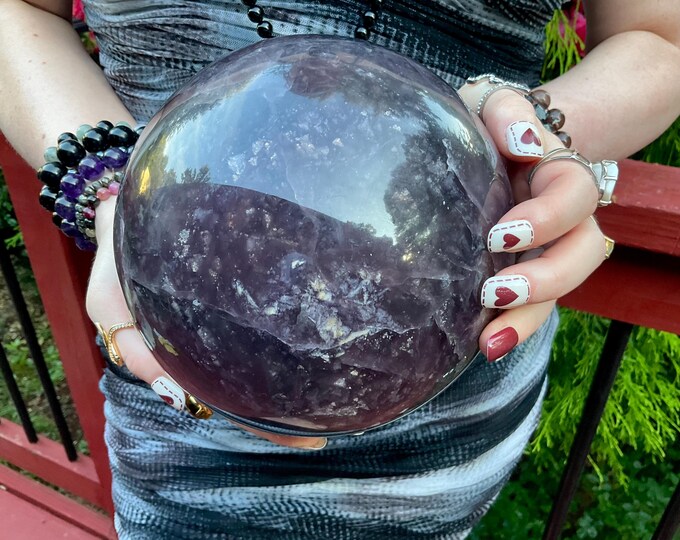 Purple Fluorite Crystal Ball ~ Large 15 Lb. 13 oz. ~ 6" Wide ~ Rainbow Colors Polished Sphere ~ Beautiful Reiki, Altar, Meditation Display