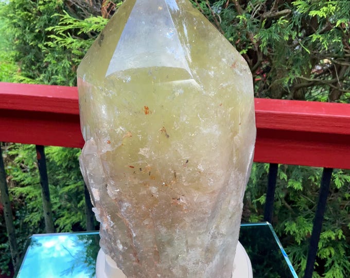 Clear Citrine Quartz Crystal Point ~ 15 Lb.  5 oz. ~ 10" Tall~ Sparkling Yellow with Golden Rainbow Inclusions ~ Custom Hand Carved Stand
