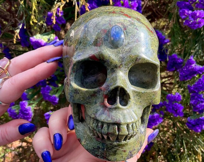 Dragon Bloodstone Crystal Skull w/ Labradorite 3rd Eye ~ Large 3 Lb. 9 oz ~ 5" Long ~ Stunning Metaphysical Home Decor, Altar Display, Reiki