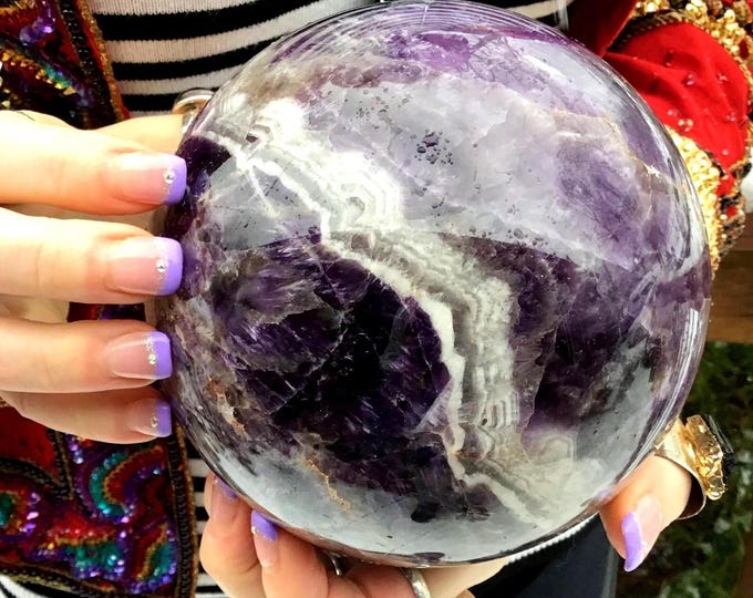 Chevron Amethyst Crystal Ball ~ Large 6 Lb. 14 oz. ~ 5" Wide ~ Stunning Purple & White Colors ~ Crown Chakra Altar Display ~ Home Decor ~