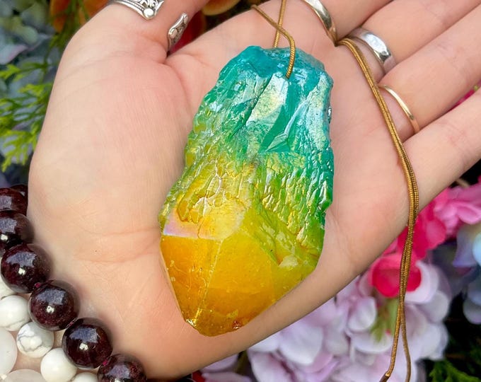 CLEARANCE! ~ Aura Quartz Pendant Necklace ~ Large 3" Long ~ One-of-a-Kind Natural Crystal ~ Sparkling Aqua Blue & Yellow Elestial Quartz