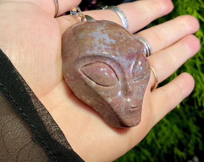 Hand Carved Ocean Agate Crystal Skull Pendant Necklace - 2" Long