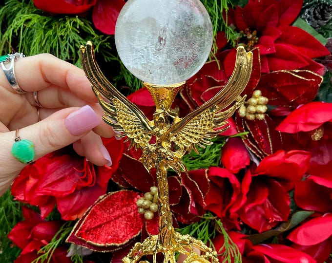 Ultra Clear Quartz Crystal Ball with Golden Angel Display Stand ~ 6 oz. Sphere ~ 2" Wide ~ Reiki, Altar, Feng Shui