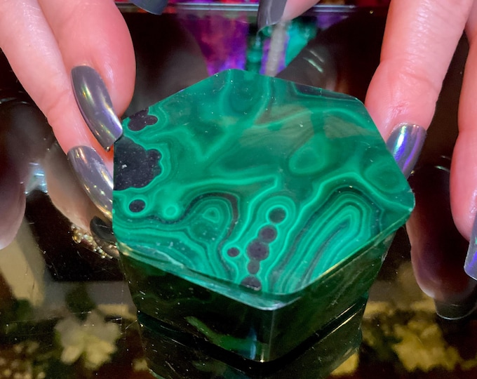 Malachite Jewelry Box with Lid~ 2" Long ~ Handmade from Congo ~ Vintage Antique Hexagon Display ~ Swirling Green & Black Bullseye Pattern