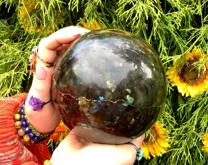 Labradorite Crystal Ball ~ Large 7 Lb. 14 oz. 5" Wide ~ Flashing Blue & Gold Iridescent Mineral Sphere ~ Natural Home Decor, TARIFF FREE USA