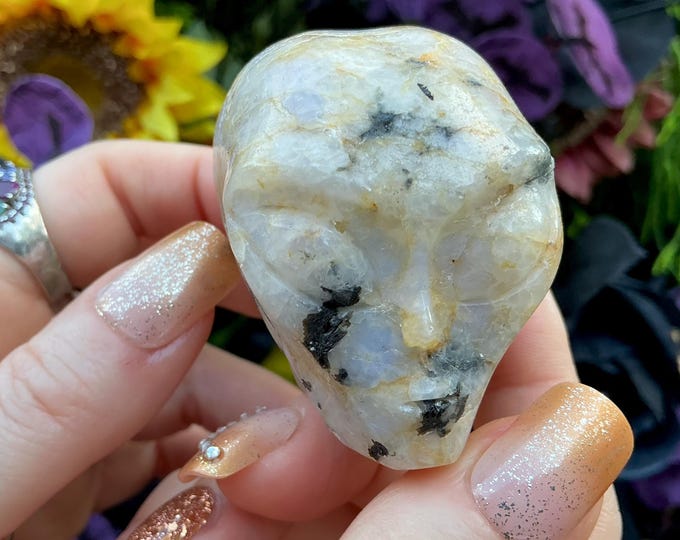 Black Tourmaline in Quartz Mini Alien Crystal Skull ~ 5 oz. ~ 2" Long ~ Swirling Golden Healer Inclusions ~ Hand Carved ~ Fast Shipping