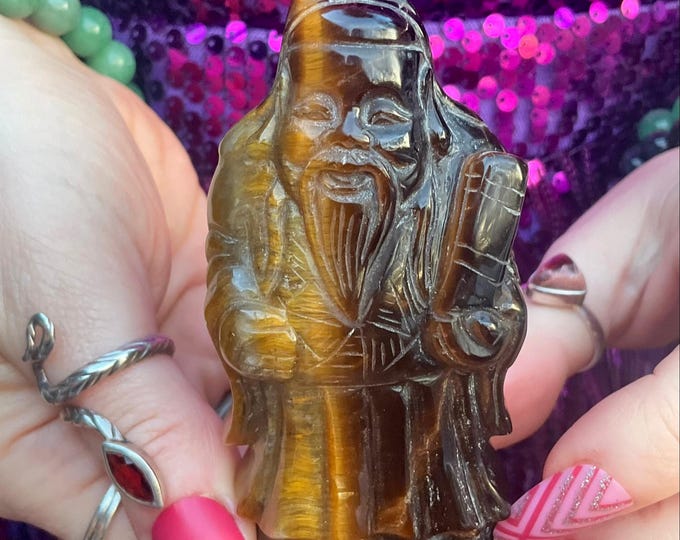 Vintage Tiger's Eye Wiseman Crystal: Hand-Carved Japanese Display Gemstone (3 1/2" Tall)
