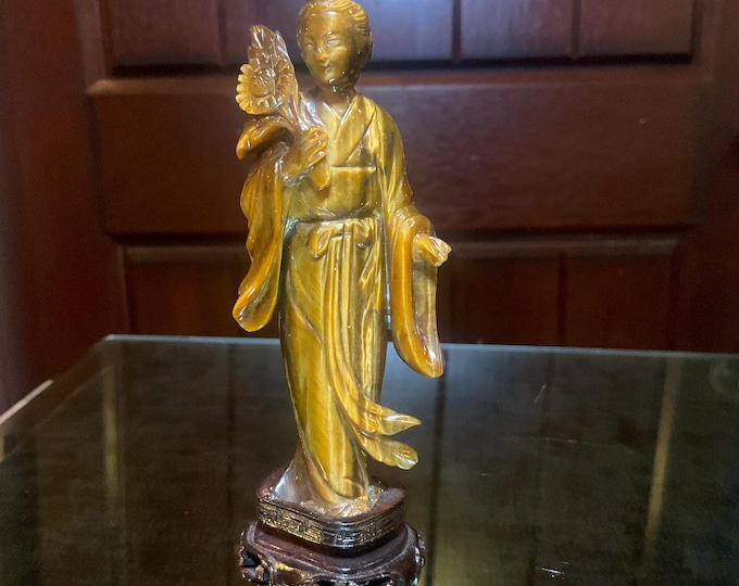 Tigers Eye Quan Yin Crystal ~ 6" Tall ~ Vintage Hand Carved Sculpture ~ Sparkling Red Gold & Black Colors