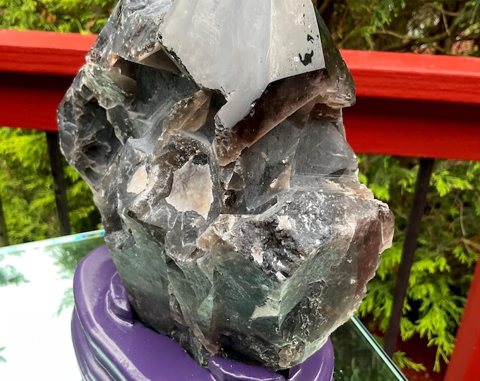 Black Morion Quartz Display Crystal 5 Lb. 15 oz.  Single-Terminated Point Cluster ~ 7" Tall ~Natural Black Color ~ Custom Hand Carved Stand