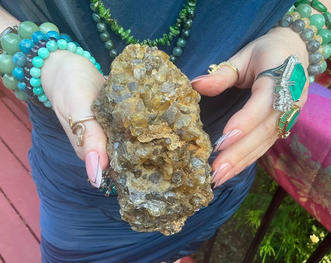 Yellow Fluorite Crystal Cluster ~ Large 1 Lb. 15 oz. ~ 5" Long ~ Translucent Cubic Specimen ~ Sparkling Deep Golden Color, Fast Shipping USA