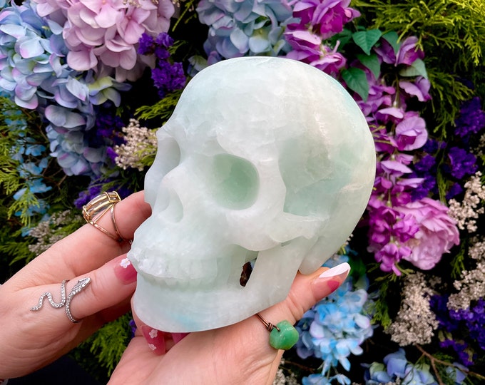 Blue Aragonite Crystal Skull ~ Large 2 Lb. 15 oz. ~ 5" Long ~ Hand Carved Sparkling Blue & White Crystal Sculpture ~ Fast Free Shipping