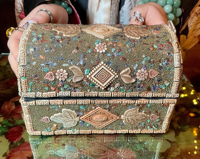 Vintage Agate Inlaid Moroccan Jewelry Box ~ Moorish Dome Top w/ Semi Precious Stones ~ 6" Long Handmade in Morocco