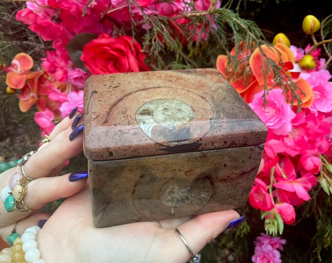 Ammonite Fossil Jewelry Box ~ 4" Long ~ Vintage Hand Carved Display Charging Box with Lid ~ Golden Brown Red Colors ~ Fossilized Patterns
