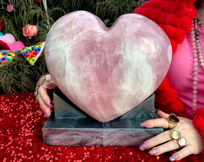 Rose Quartz Crystal Heart ~ Large 29 Lb. ~ 10" Wide ~ Handmade Custom Wooden Display Stand ~ Fast & Free Shipping, USA + Global Shipping ~