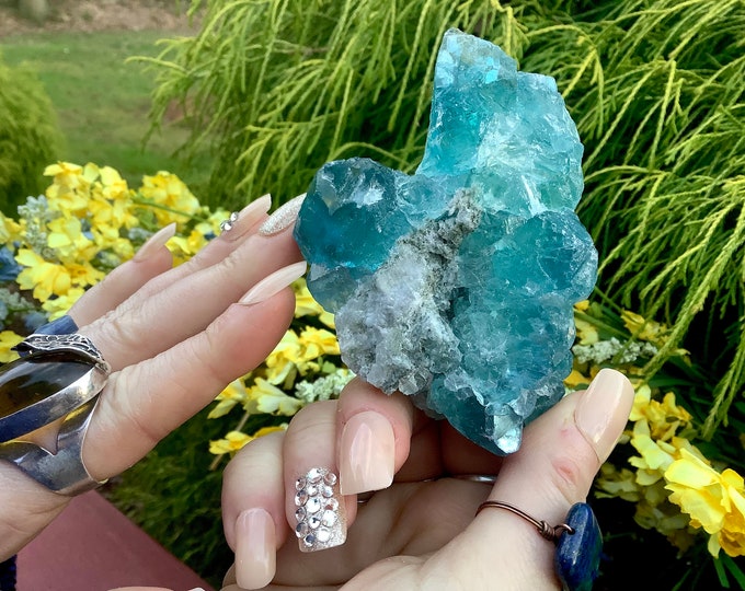 Blue Fluorite Crystal Cluster ~ Large 7.2 oz. ~ 3 1/2" Long ~ Sparkling Mineral Matrix ~ Ancient Clear Ice Blue Translucent Cubic Formation