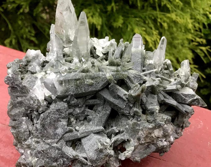 Chlorite Quartz Crystal Cluster ~ 10 oz. ~ 3 1/2" Long ~ Ultra Sparkling Green and Clear Points, from Nepal ~ Fast & Free Shipping, U.S.A.