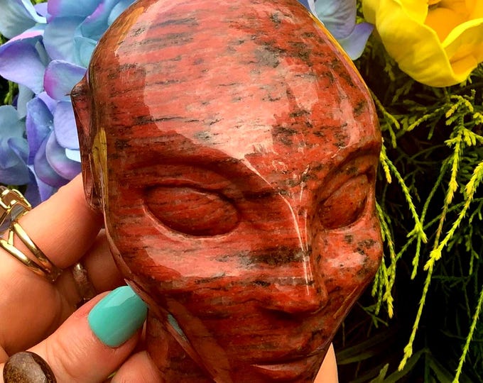 Red Jasper Elf Crystal Skull ~ 2 Lb. ~ 4" Tall ~ Red with Black Tourmaline ~ One-of-a-Kind Expertly Hand Carved Sculpture