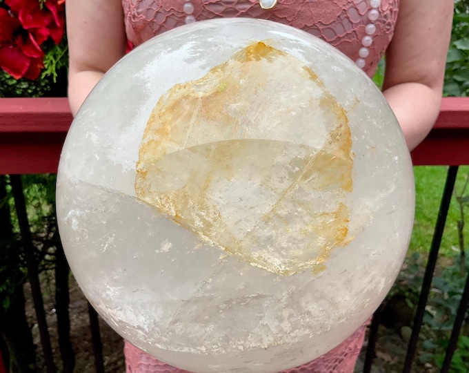Extra Large 25 Lb. Clear Quartz Crystal Ball ~ 8" Wide ~ Golden Healer Inclusions ~ Stunning Metaphysical Home Decor ~ Centerpiece Display ~
