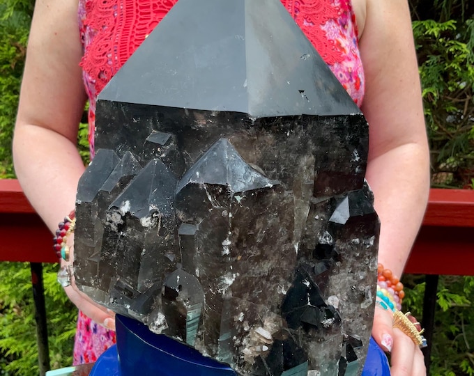 Black Morion Quartz Display Crystal 21 Lb. 11 oz.  Single-Terminated Point Cluster ~11" Tall ~Natural Black Color ~ Custom Hand Carved Stand