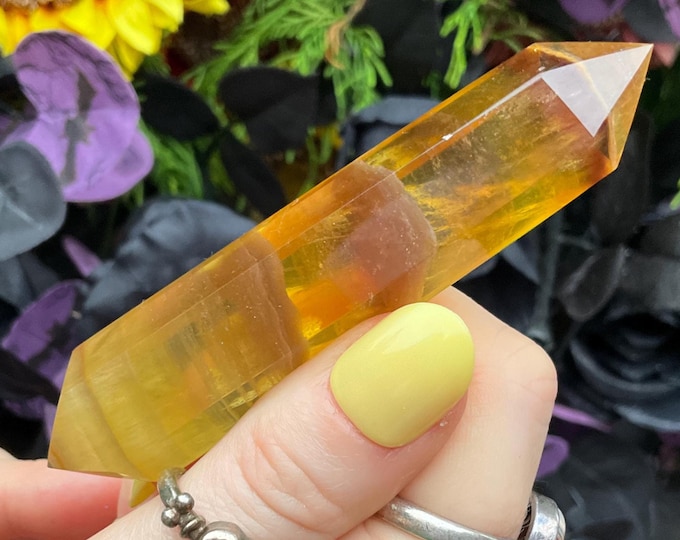 CLEARANCE ~ Rainbow Fluorite Double Terminated Wand ~ Large 2.3 oz. ~ 4" Long ~ Yellow, Gold, Purple