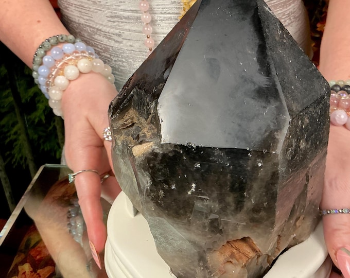 Black Morion Quartz Display Crystal 8 Lb. 7 oz.  Single-Terminated Point Cluster ~ 7" Tall ~Natural Black Color ~ Custom Hand Carved Stand