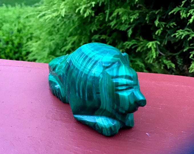 Malachite Crystal Lion ~ 3 oz. ~ 2" Long ~ Vintage Hand Carved Totem Animal ~ From the Congo ~ Fast & Free Shipping, USA + Global Shipping ~